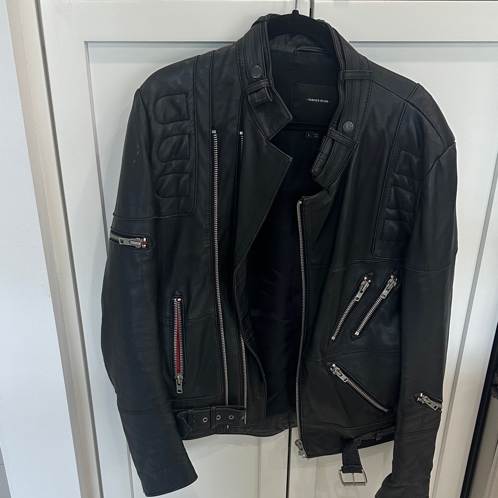 Surface to air Men's Black Leather Biker Jacket - Classic Moto Style Large